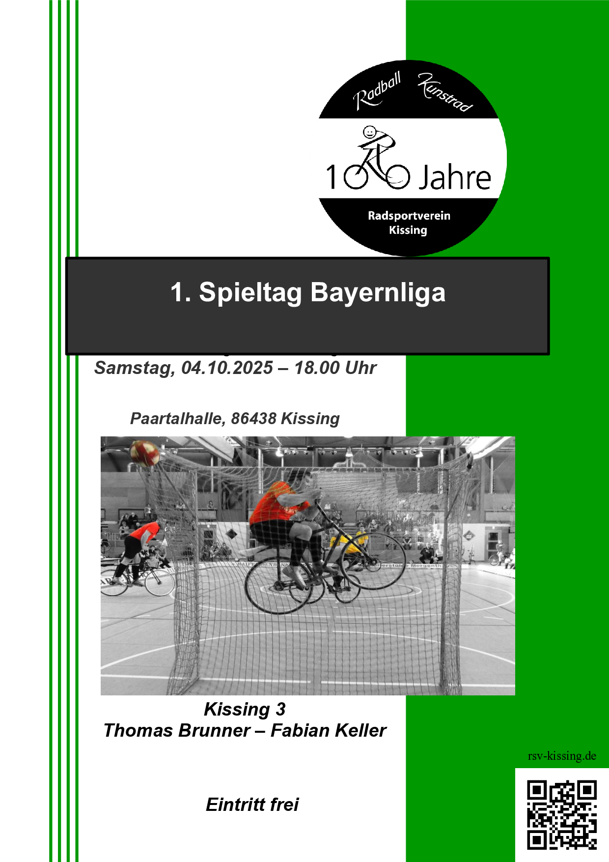 Flyer zum 1. Spieltag der Radballbayernliga in Kissing am 04.10.2025 in der Paartalhalle.
