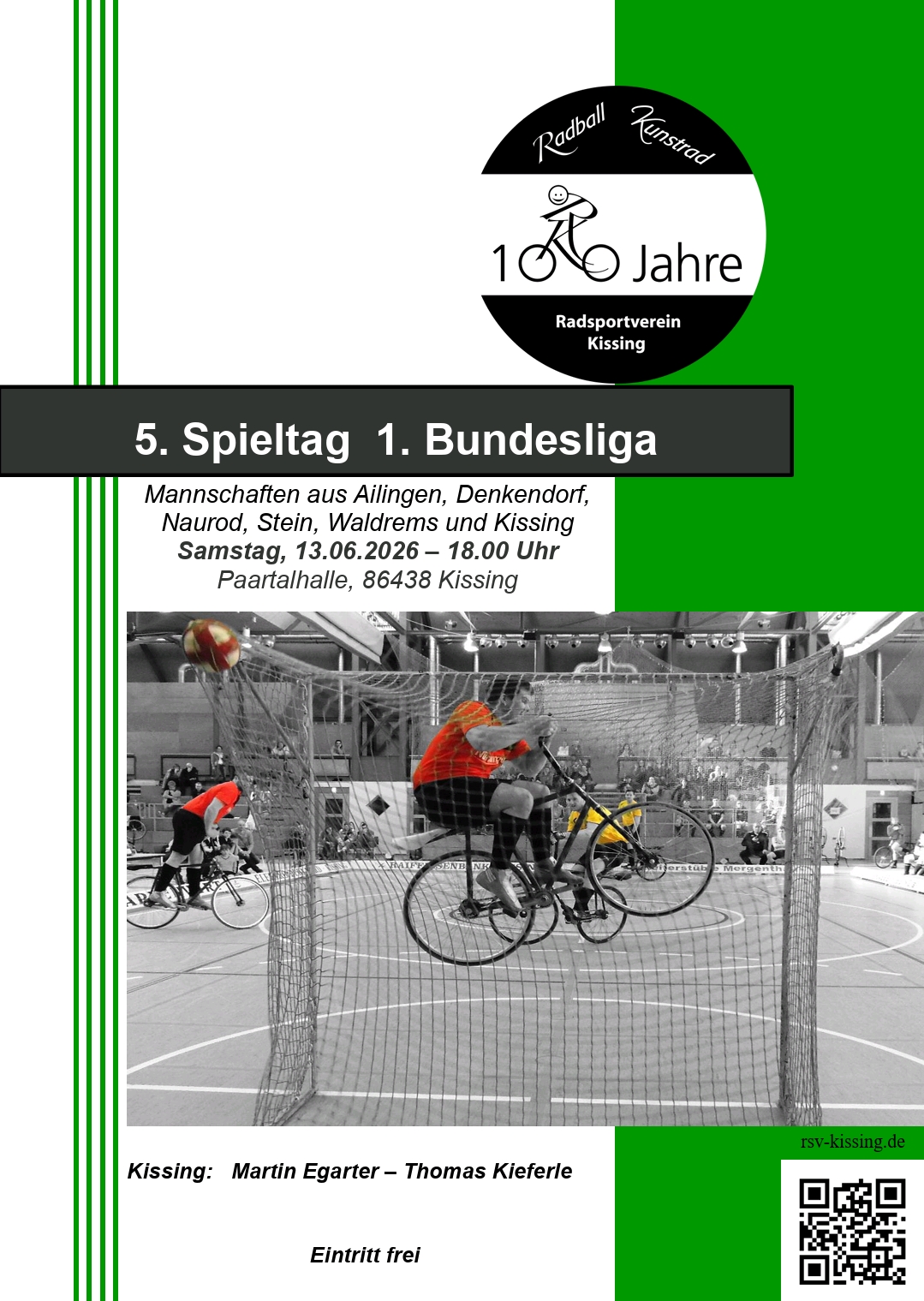 1. Radballbundesliga in Kissing; Samstag 13.06.2026, 18.00 Uhr; Paartalhalle, 86438 Kissing